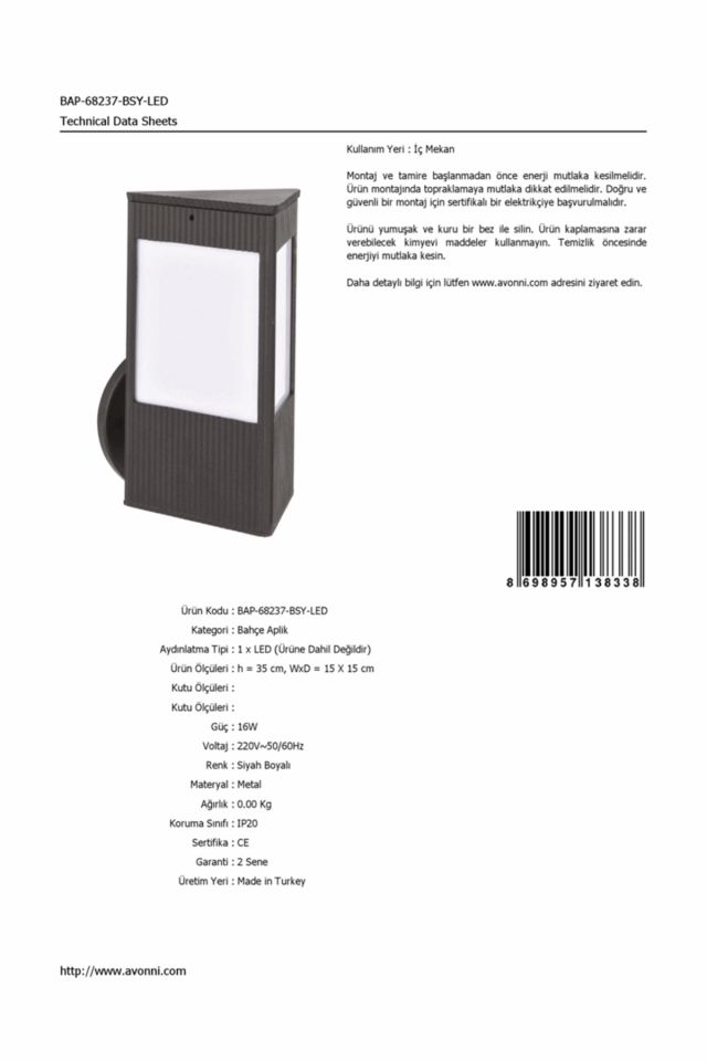 Bahçe Aplik LED 16W 15x15cm Alüminyum Profil Siyah Dorbien-BAP-68237-BSY-LED