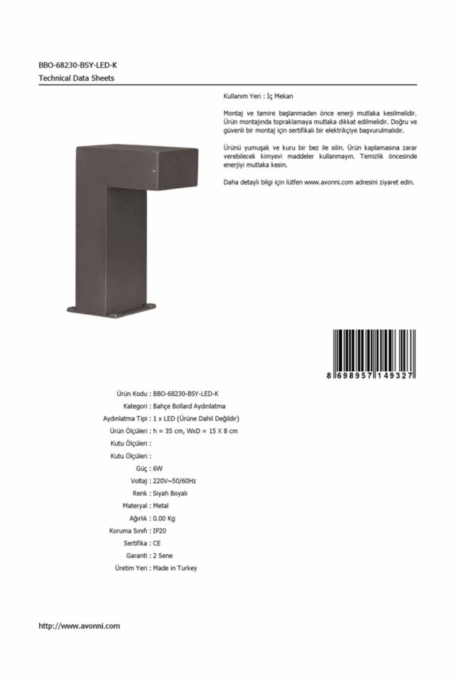 Bahçe Bollard LED 6W 15x8cm Alüminyum Profil Siyah Dorbien-BBO-68230-BSY-LED-K