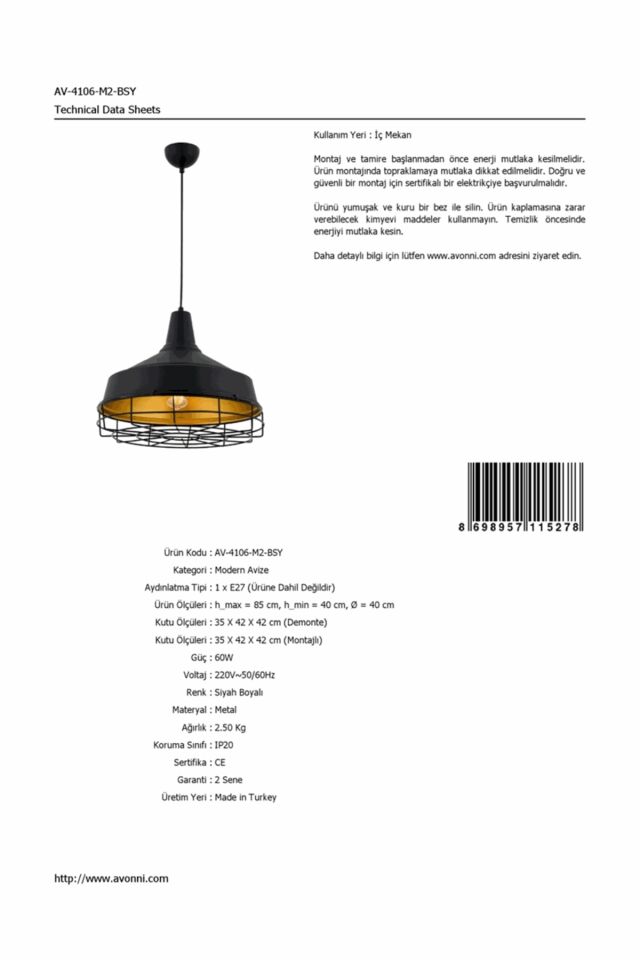 Akasya Sarkıt E27 12W 40cm Metal Siyah Avonni-AV-4106-M2-BSY