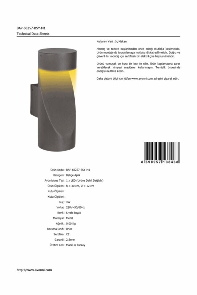 Bahçe Aplik LED 4W 12cm Alüminyum Profil Siyah Dorbien-BAP-68257-BSY-M1