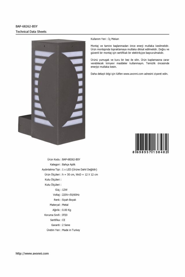 Bahçe Aplik LED 12W 12x12cm Alüminyum Profil Siyah Dorbien-BAP-68262-BSY