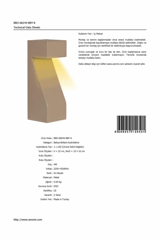 Bahçe Bollard LED 4W 10x10cm Alüminyum Profil Gri Dorbien-BBO-68244-BBY-K
