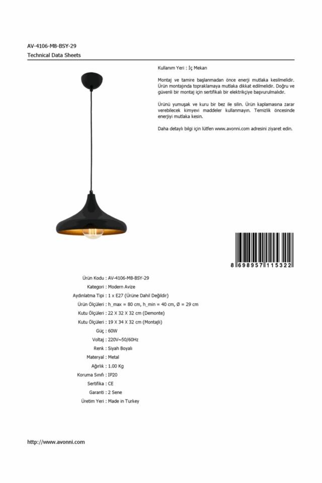 Akasya Sarkıt E27 12W 29cm Metal Siyah Avonni-AV-4106-M8-BSY-29