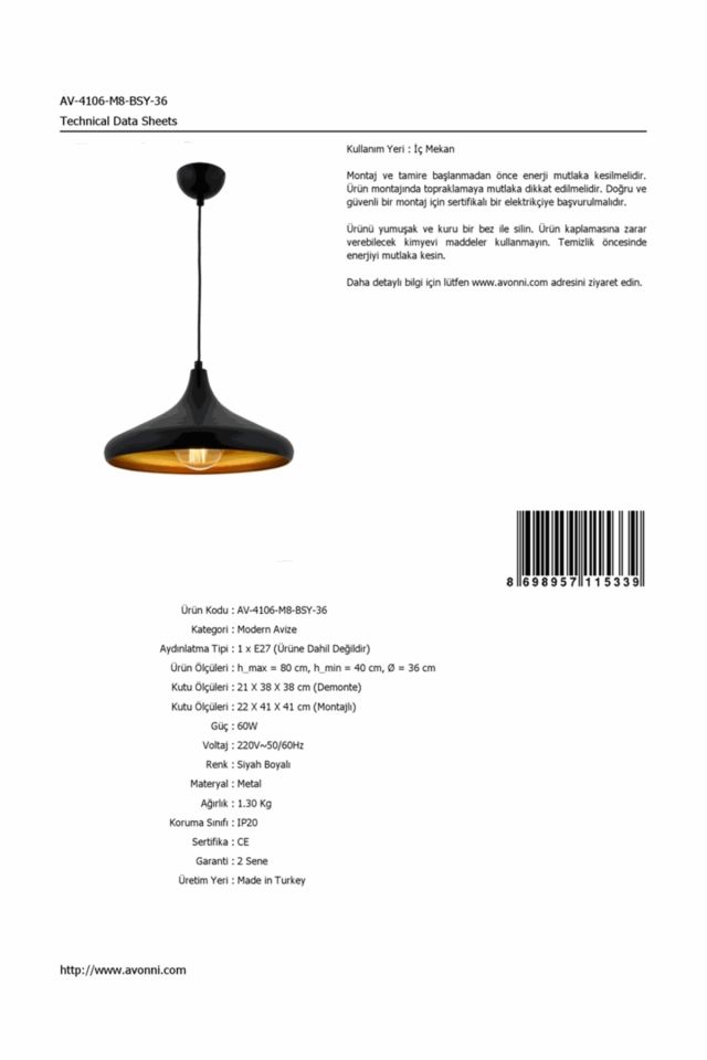 Akasya Sarkıt E27 12W 36cm Metal Siyah Avonni-AV-4106-M8-BSY-36