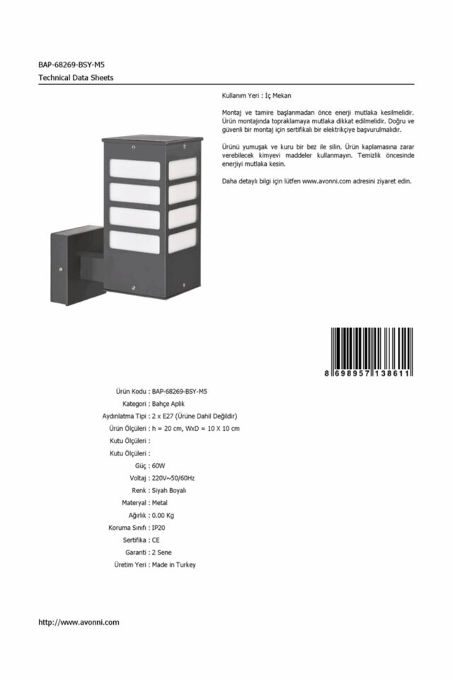 Bahçe Aplik E27 24W 10x10cm Alüminyum Profil Siyah Dorbien-BAP-68269-BSY-M5