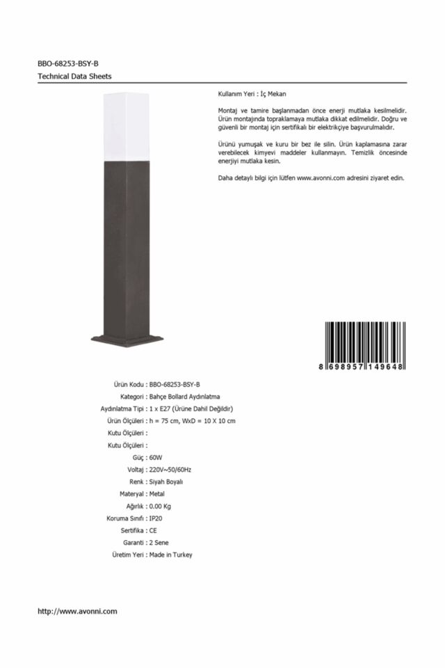 Bahçe Bollard E27 12W 10x10cm Alüminyum Profil Siyah Dorbien-BBO-68253-BSY-B