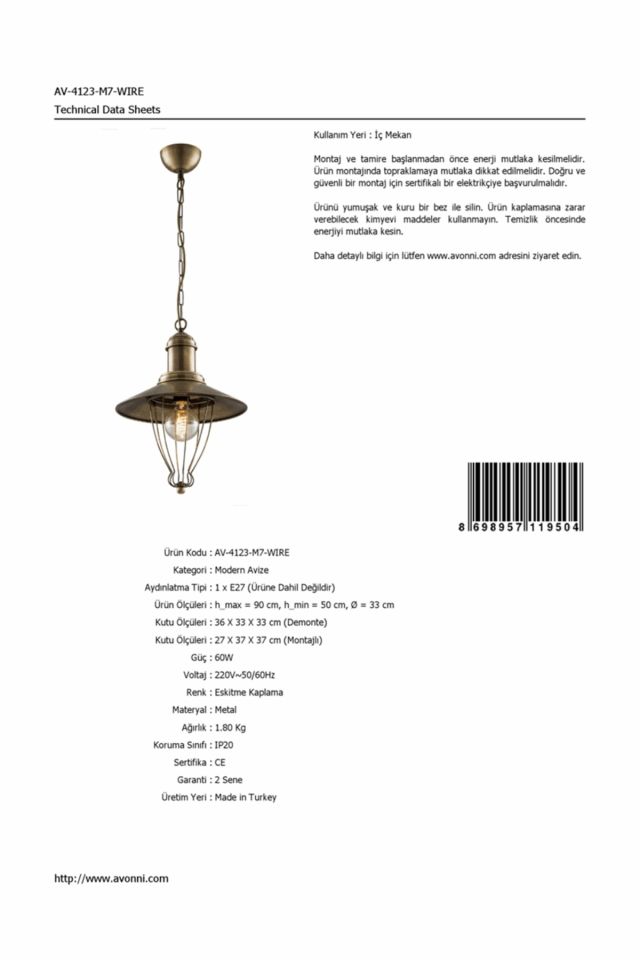 Gardenya Sarkıt E27 12W 33cm Metal Eskitme Avonni-AV-4123-M7-WIRE