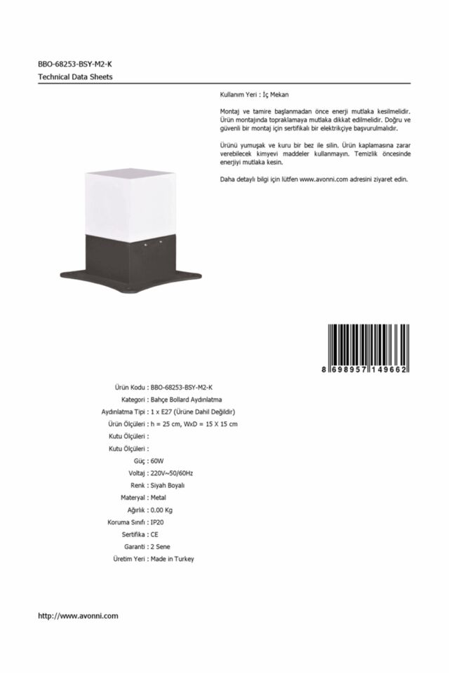 Bahçe Bollard E27 12W 15x15cm Alüminyum Profil Siyah Dorbien-BBO-68253-BSY-M2-K