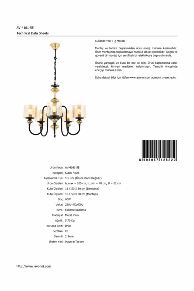 Odın Modern Avize E27 60W 62cm Metal Eskitme Avonni-AV-4161-5E