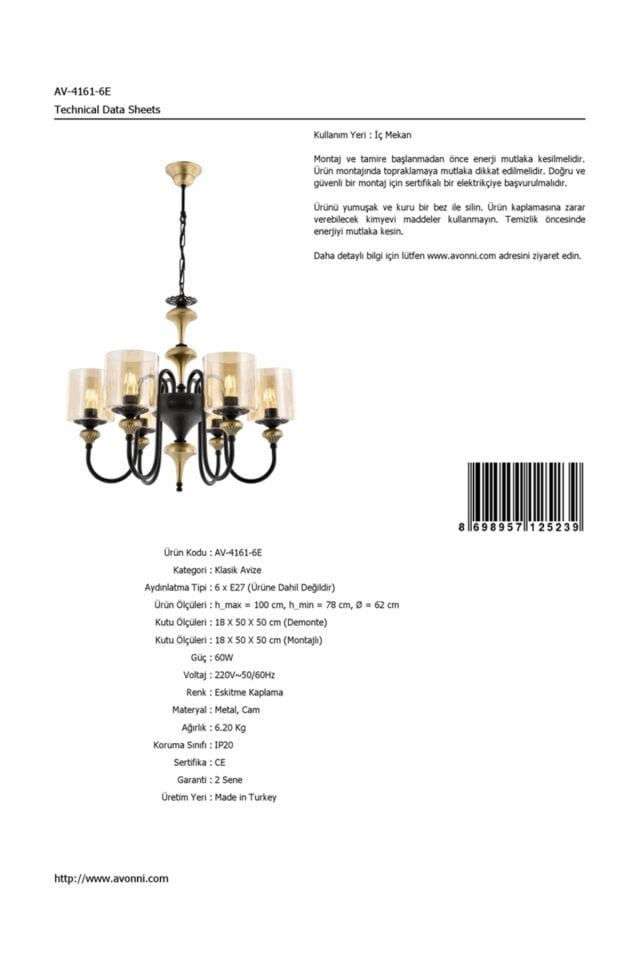 Odın Modern Avize E27 72W 62cm Metal Eskitme Avonni-AV-4161-6E