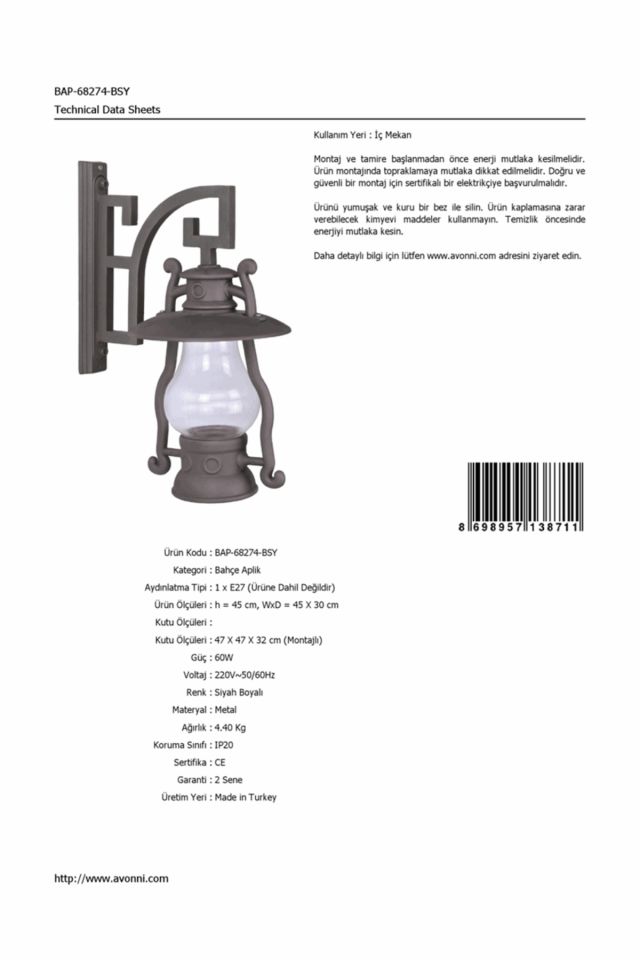 Bahçe Aplik E27 12W 45x30cm Çelik Boru Siyah Dorbien-BAP-68274-BSY