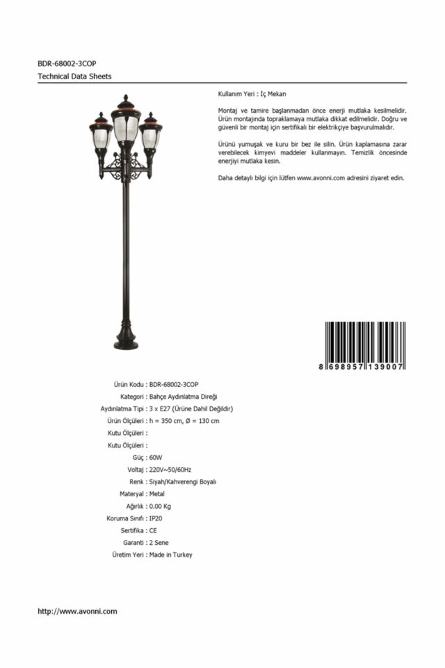 Bahçe Direkleri E27 36W 130cm Alüminyum Kahverengi/Siyah Dorbien-BDR-68002-3COP