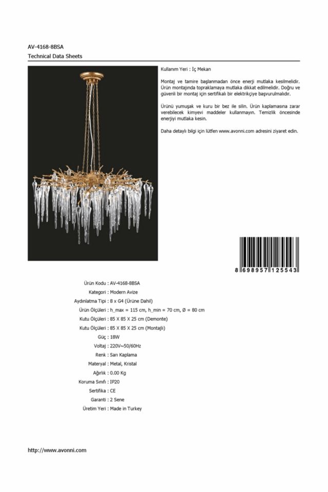 Tılsım Klasik Avize G4 24W 80cm Metal Sarı Avonni-AV-4168-8BSA