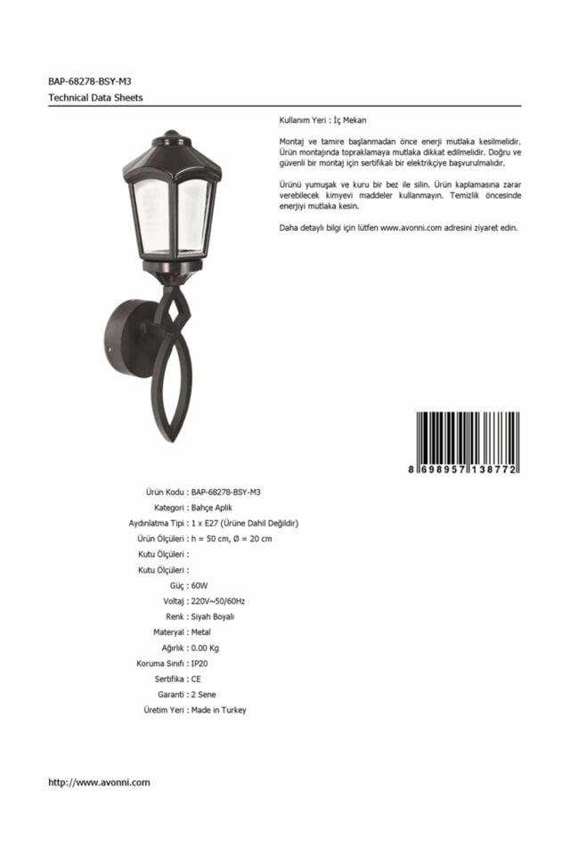 Bahçe Aplik E27 12W 20cm Alüminyum Siyah Dorbien-BAP-68278-BSY-M3