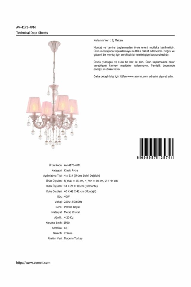 Salto Klasik Avize E14 24W 44cm Metal Pembe Avonni-AV-4173-4PM