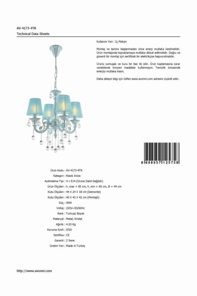 Salto Klasik Avize E14 24W 44cm Metal Turkuaz Avonni-AV-4173-4TK
