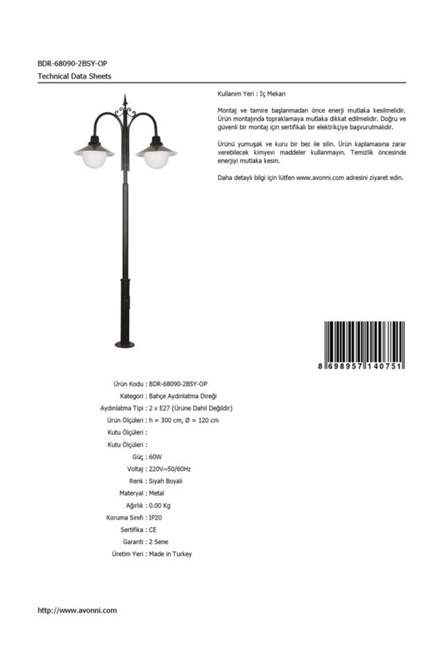 Bahçe Direkleri E27 24W 120cm Alüminyum Siyah Dorbien-BDR-68090-2BSY-OP