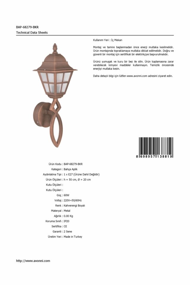 Bahçe Aplik E27 12W 20cm Alüminyum Kahverengi Dorbien-BAP-68279-BKR