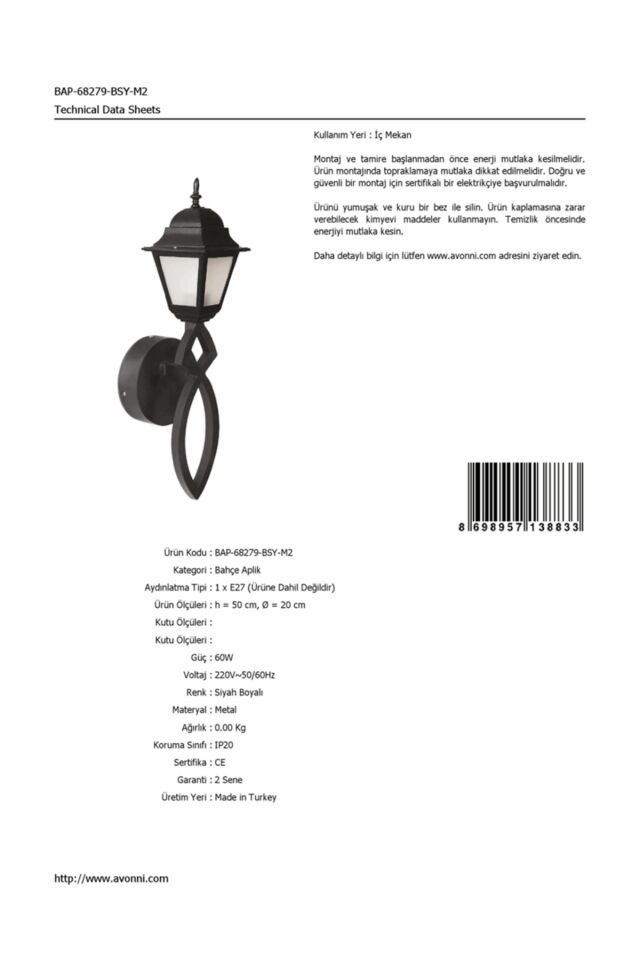 Bahçe Aplik E27 12W 20cm Alüminyum Siyah Dorbien-BAP-68279-BSY-M2