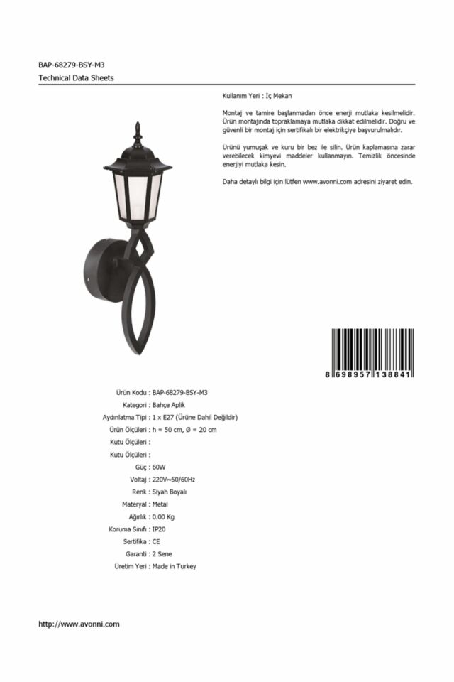 Bahçe Aplik E27 12W 20cm Alüminyum Siyah Dorbien-BAP-68279-BSY-M3