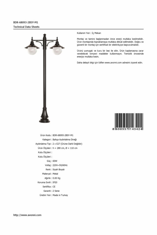 Bahçe Direkleri E27 24W 110cm Alüminyum Siyah Dorbien-BDR-68093-2BSY-M1