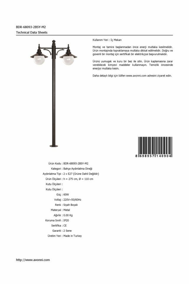 Bahçe Direkleri E27 24W 110cm Alüminyum Siyah Dorbien-BDR-68093-2BSY-M2