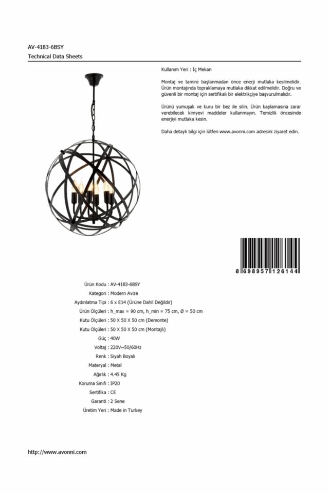 Sımona Modern Avize E14 36W 50cm Metal Siyah Avonni-AV-4183-6BSY