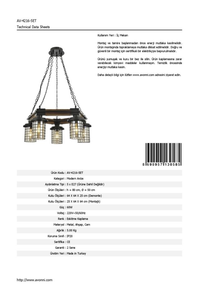 Sığınak Modern Avize E27 60W 50cm Metal Eskitme Avonni-AV-4216-5ET