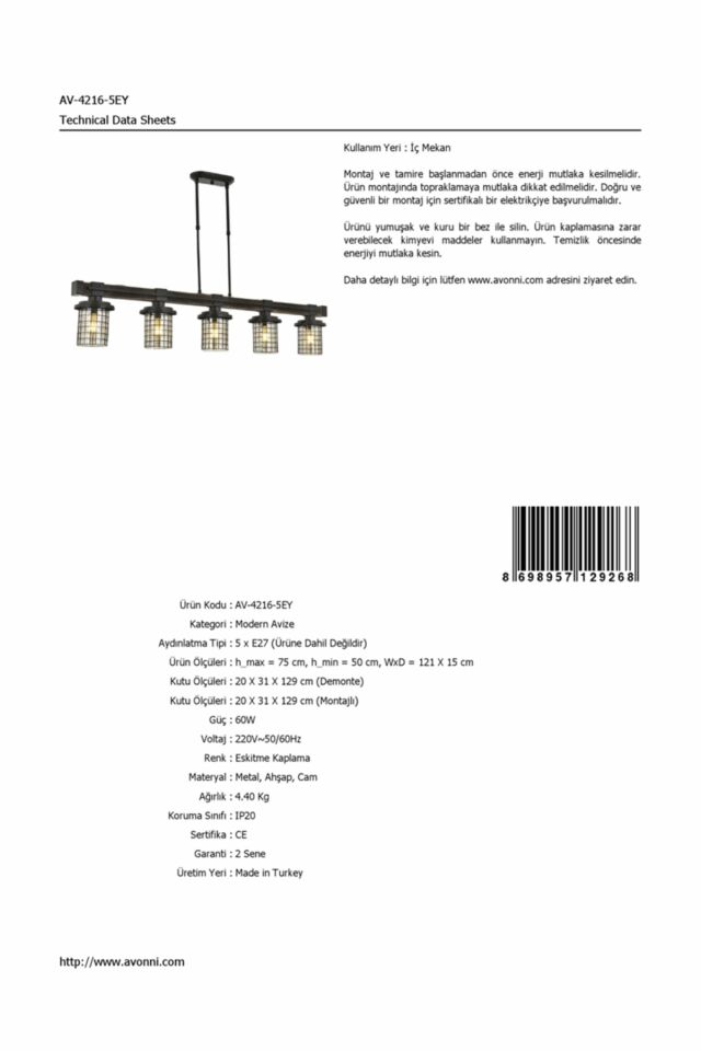 Sığınak Modern Avize E27 60W 121x15cm Metal Eskitme Avonni-AV-4216-5EY