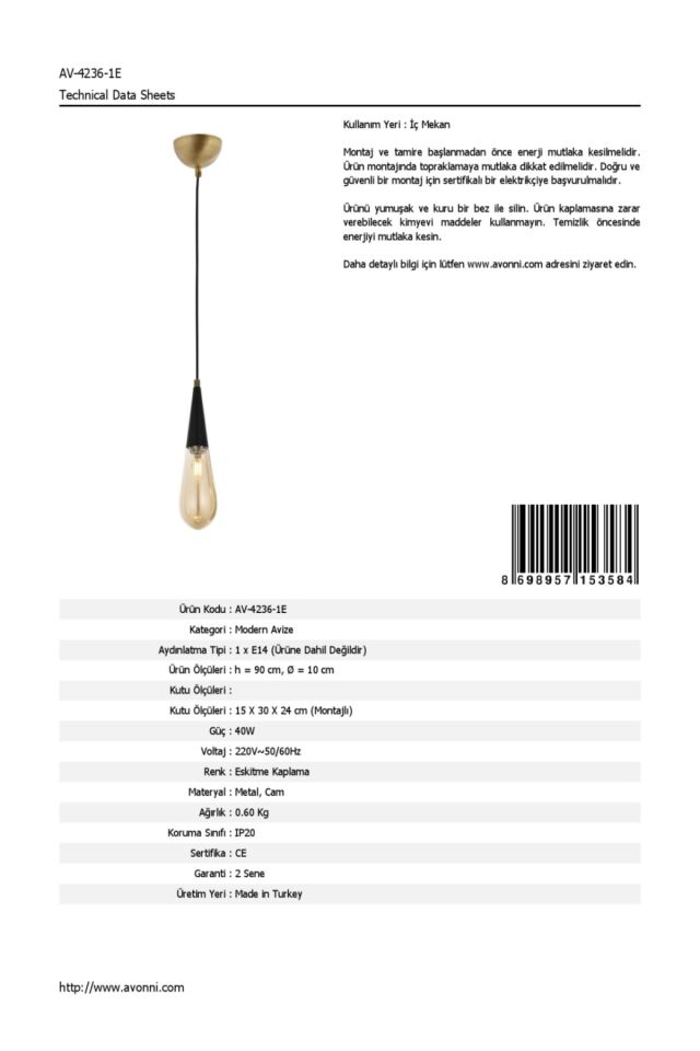 Zümre Modern Avize E14 6W 10cm Metal Eskitme Avonni-AV-4236-1E