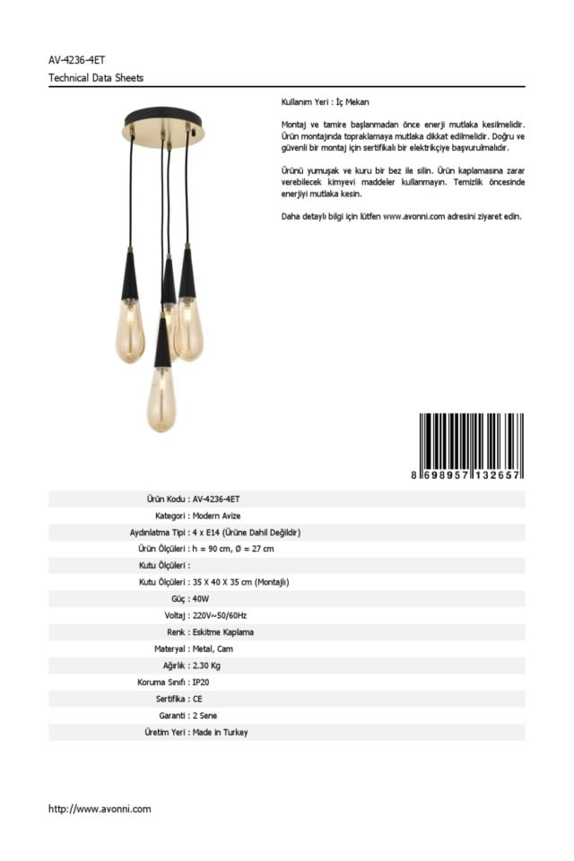 Zümre Modern Avize E14 24W 27cm Metal Eskitme Avonni-AV-4236-4ET
