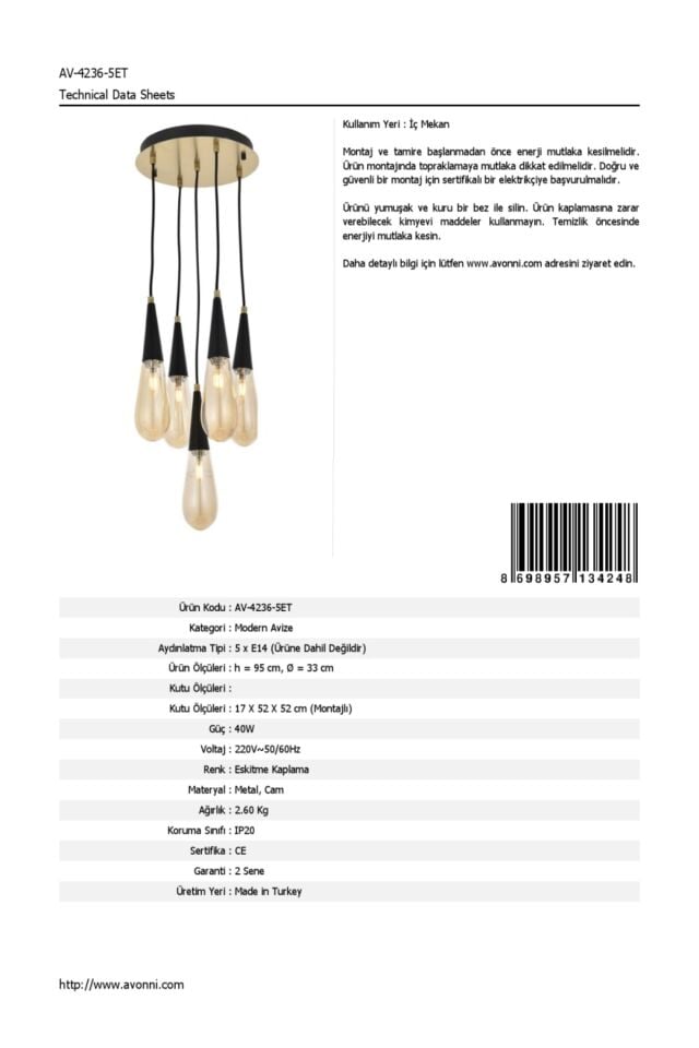 Zümre Modern Avize E14 30W 33cm Metal Eskitme Avonni-AV-4236-5ET