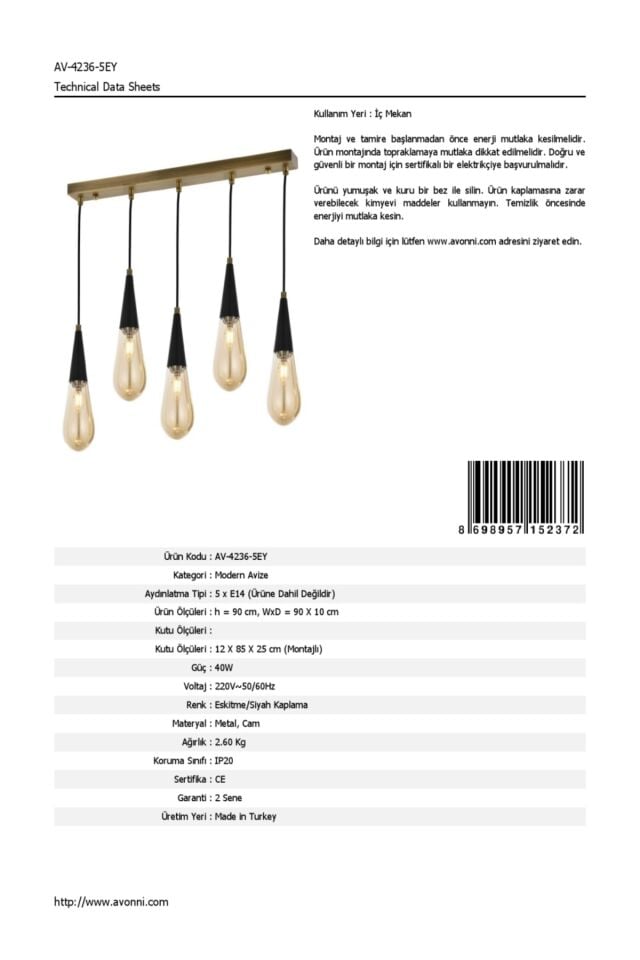 Zümre Modern Avize E14 30W 90x10cm Metal Eskitme Avonni-AV-4236-5EY