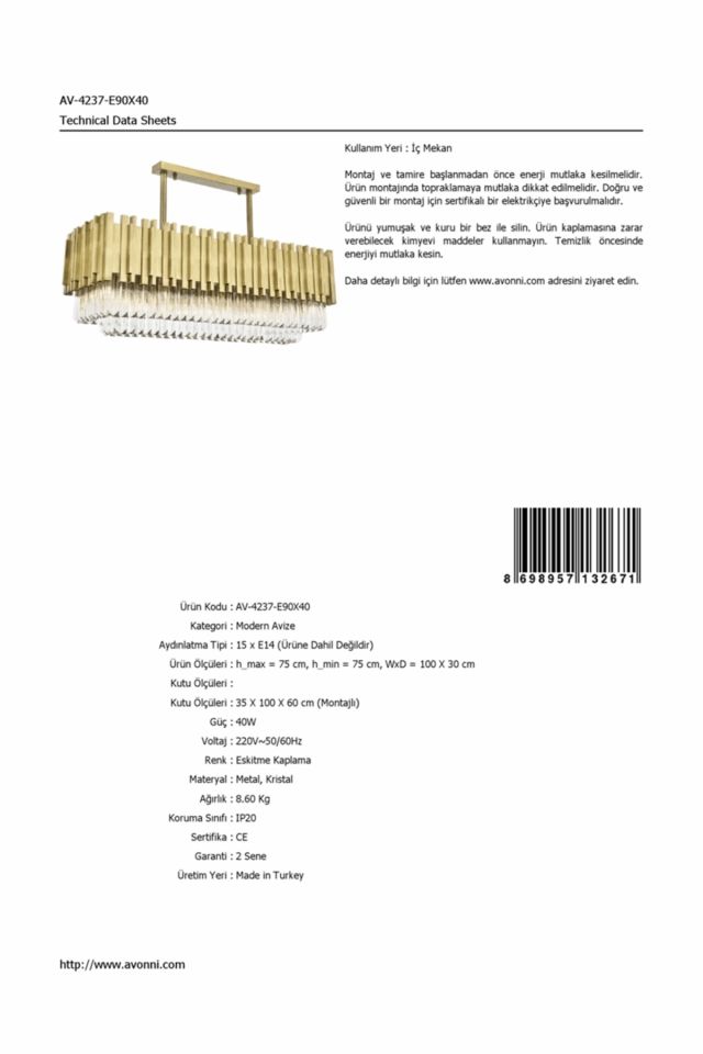 Zırh Modern Avize E14 90W 100x30cm Metal Eskitme Avonni-AV-4237-E90X40