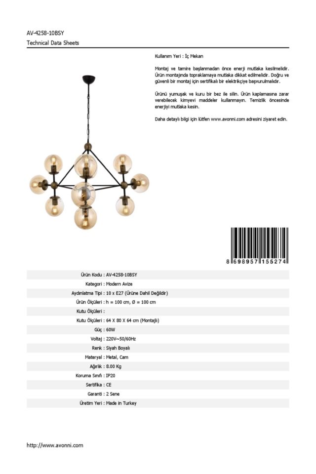 Bee Modern Avize E27 120W 100cm Metal Siyah Avonni-AV-4258-10BSY