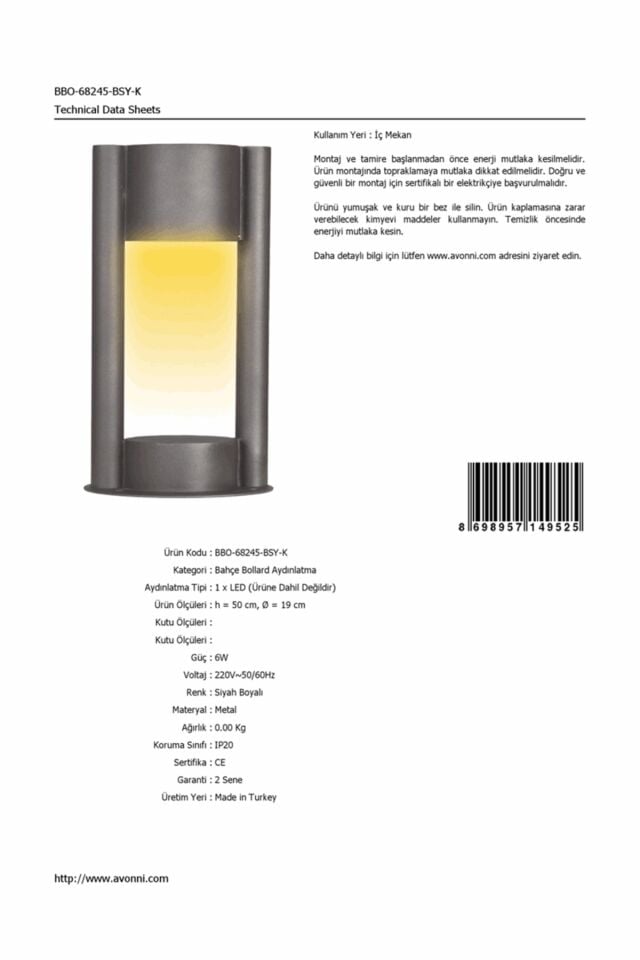 Bahçe Bollard LED 6W 19cm Alüminyum Profil Siyah Dorbien-BBO-68245-BSY-K