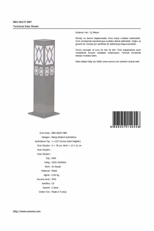 Bahçe Bollard E27 12W 12x12cm Alüminyum Profil Gri Dorbien-BBO-68247-BBY