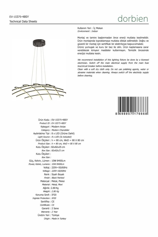 Yıldız Modern Avize LED 54W 75x75cm Alüminyum Profil Siyah Dorbien-EV-10379-4BSY
