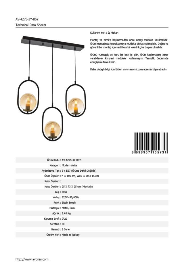 Catch Modern Avize E27 36W 60x15cm Metal Siyah Avonni-AV-4275-3Y-BSY