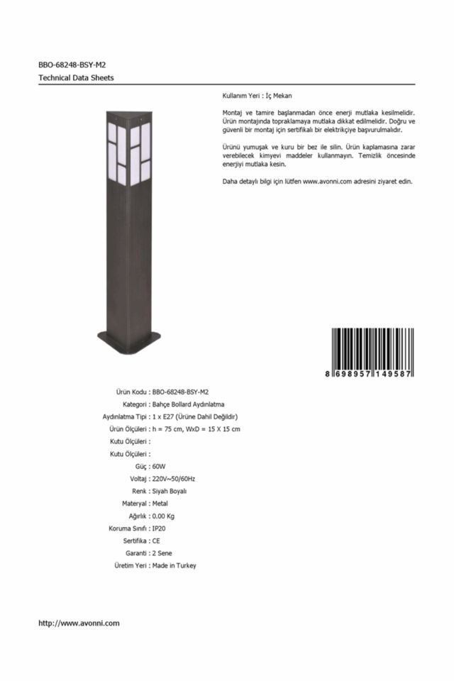 Bahçe Bollard E27 12W 15x15cm Alüminyum Profil Siyah Dorbien-BBO-68248-BSY-M2