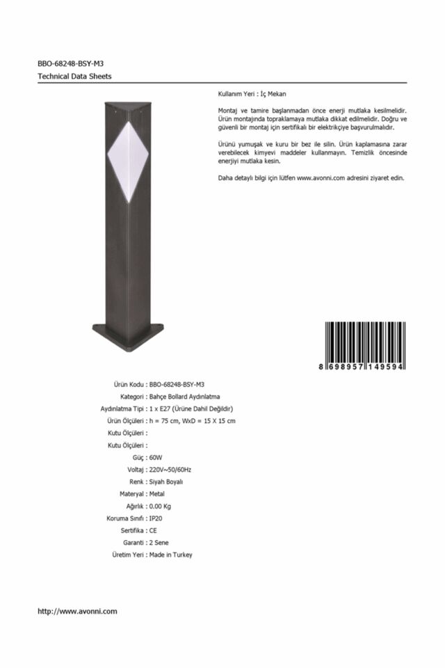 Bahçe Bollard E27 12W 15x15cm Alüminyum Profil Siyah Dorbien-BBO-68248-BSY-M3