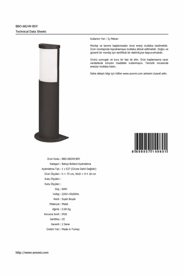 Bahçe Bollard E27 12W 9x18cm Alüminyum Profil Siyah Dorbien-BBO-68249-BSY