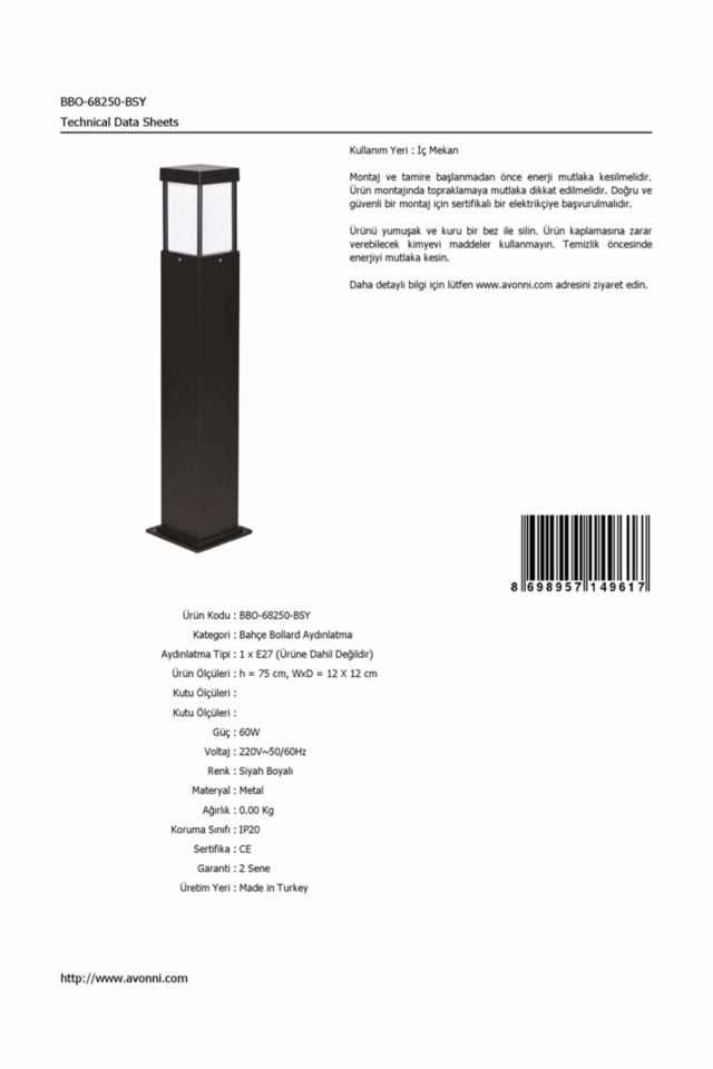 Bahçe Bollard E27 12W 12x12cm Alüminyum Profil Siyah Dorbien-BBO-68250-BSY
