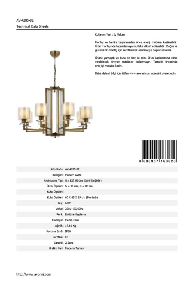 Beach Modern Avize E27 96W 80cm Metal Eskitme Avonni-AV-4285-8E