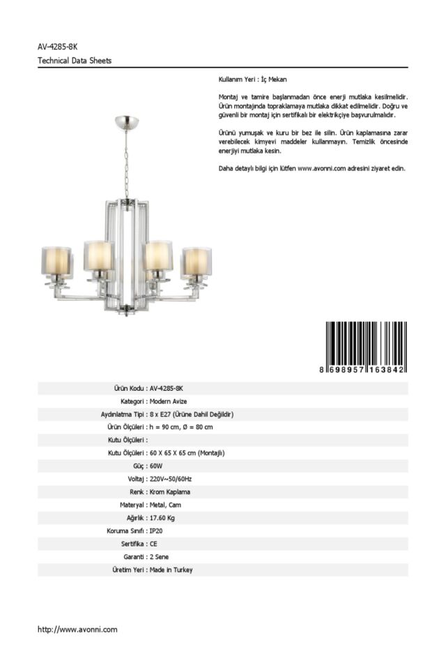 Beach Modern Avize E27 96W 80cm Metal Krom Avonni-AV-4285-8K