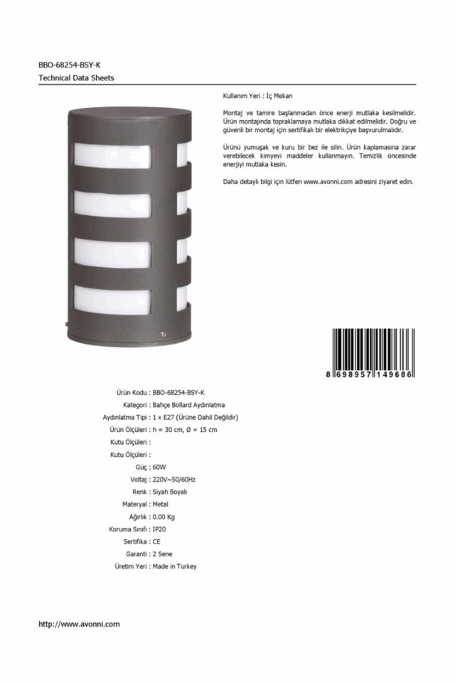 Bahçe Bollard E27 12W 15cm Alüminyum Profil Siyah Dorbien-BBO-68254-BSY-K