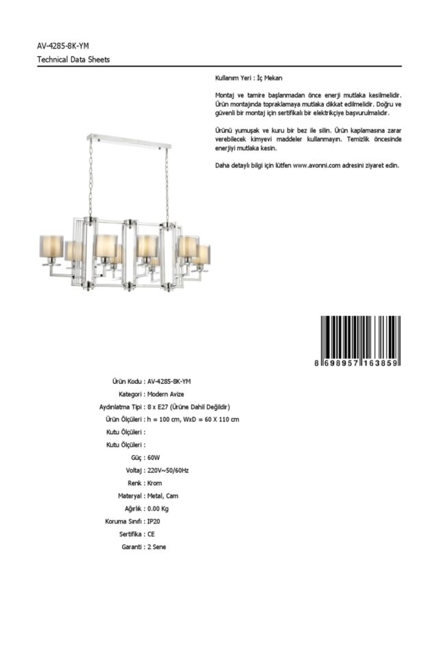Beach Modern Avize E27 96W 110x60cm Metal Krom Avonni-AV-4285-8K-YM