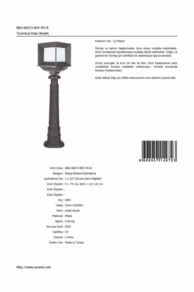 Bahçe Bollard E27 12W 22x22cm Alüminyum Siyah Dorbien-BBO-68273-BSY-M2-B
