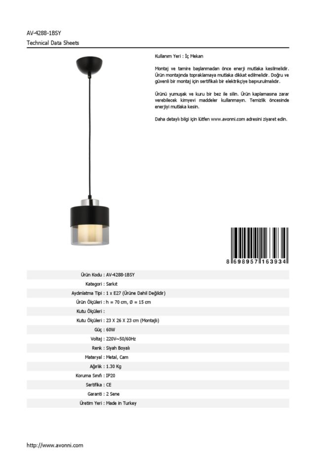 Cabin Modern Avize E27 12W 15cm Metal Siyah Avonni-AV-4288-1BSY