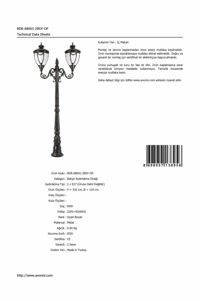 Bahçe Direkleri E27 24W 110cm Alüminyum Siyah Dorbien-BDR-68001-2BSY-OP